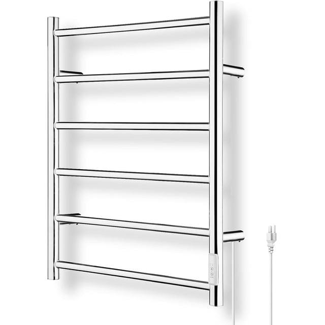 Towel Warmer Heated Towel Rack All-Night Warm Bathroom Plug-in Heated Drying Rack with Timer Fast Heating (Chrome Bars)