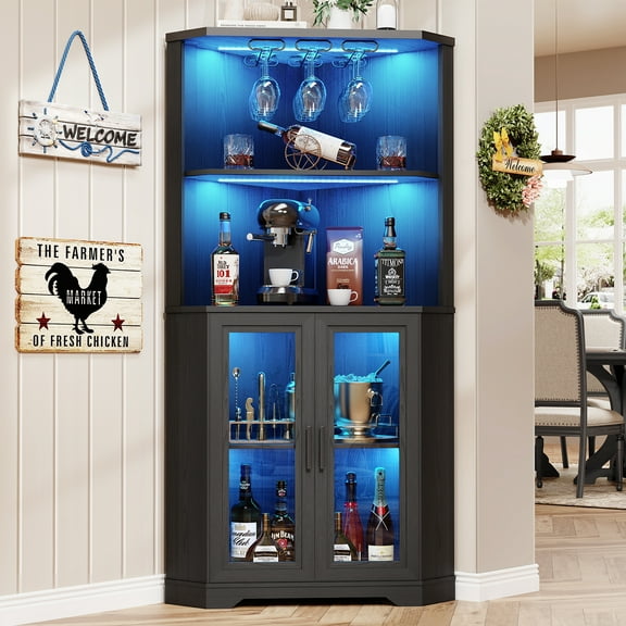 BROTTAR Corner Wine Bar Cabinet with LED Lights, 65" Tall Liquor Storage Cabinet with Glass Holder & Tempered Glass Door, Human Body Sensor for Dining Room Kitchen, Black