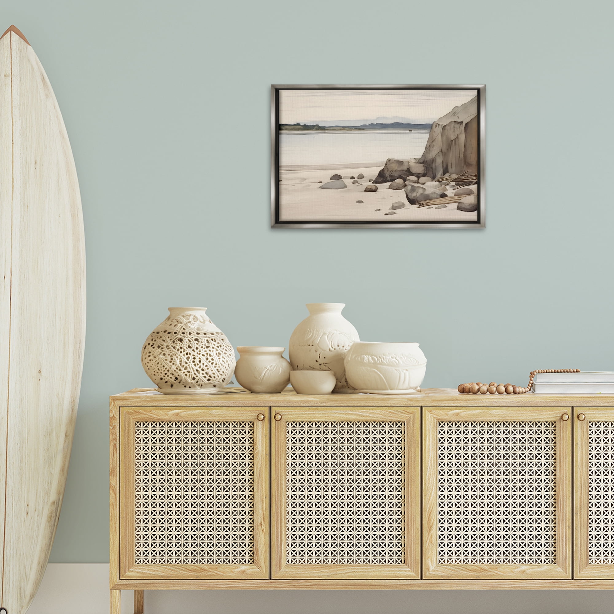 Stupell Industries Beach Cliff View Landscape & Nature Painting Gray Floater Framed Canvas Art Print Wall Art, 25 x 17