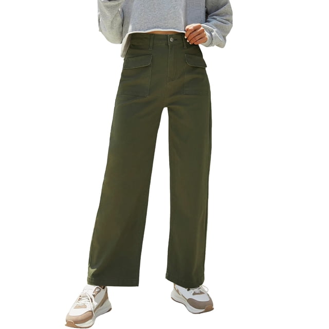 Jeans pour Femmes Tendance Taille Haute Jambe Grand Droite Décontracté Extensible Cargo Pantalon en Denim pour Femmes Vert Armée P
