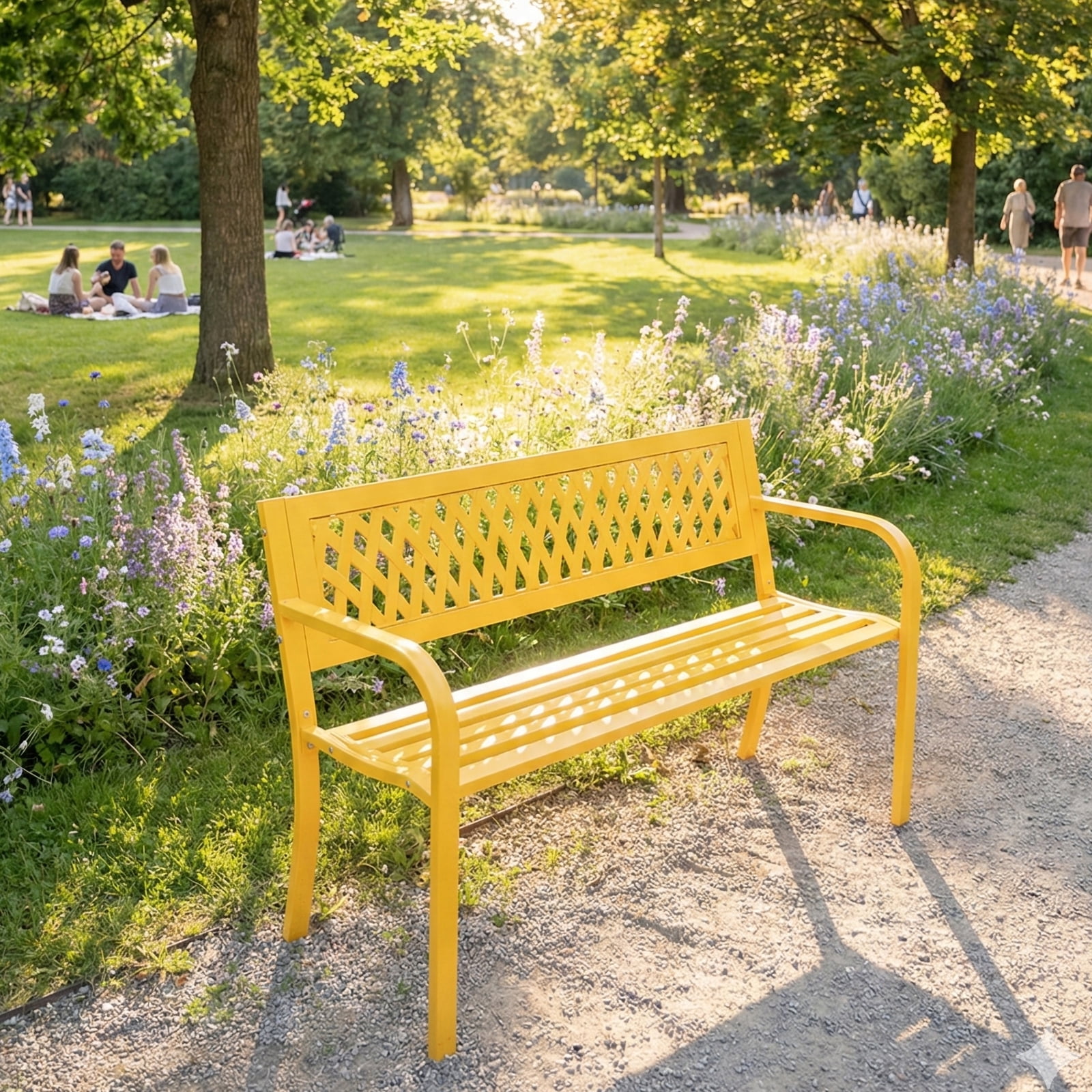 Zimtown 47in Outdoor Metal Bench with PVC Mesh Backrest, Heavy Duty Iron Slatted Seat for Garden Patio Yard, Max Load 555lbs, Yellow