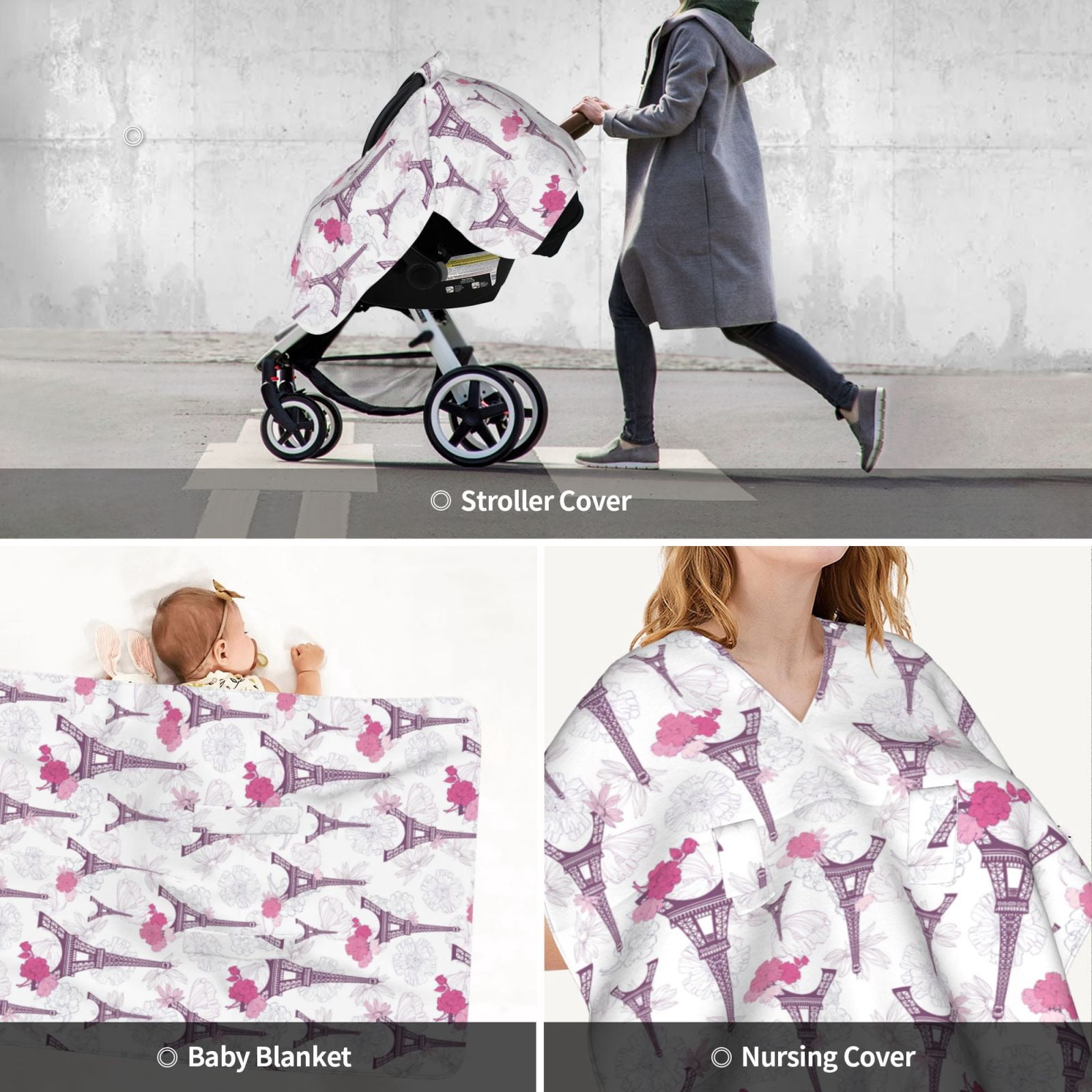 Car Seat Cover Baby - Eiffel Tower flowers Breathable Infant Car Seat Cover for Baby Carseat, Lightweight Comfort Baby Essentials Must Haves Newborn Stuff for Girl Boy