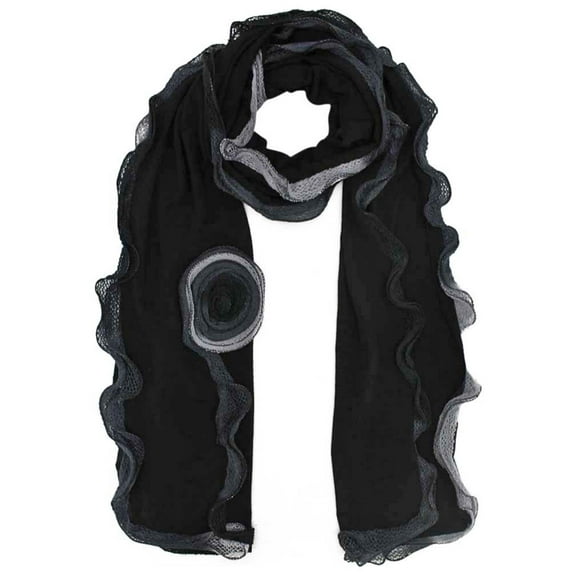 Black Feminine Scarf With Rosette Trim