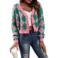 thumbnail image 2 of Women'S Knit Cardigan Sweaters Long Sleeve Argyle Open Front Button Down V Neck Cropped Coats Casual Trendy Tops Pink Green S, 2 of 10