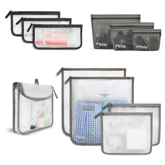 (re) zip 11-Piece Travel Organization Kit | TSA-Compliant Travel Quart, Small, Medium, & Gallon Zippered Bags, and 3 Leakproof Stand Up Bags |For Documents, Toiletries, Snacks & Mo