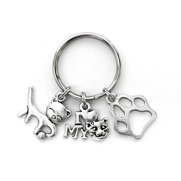 Cat Lover themed keychain. Gift for cat owner, Bag and Key Identifier. Pawprint, Cat playing with ball of yarn, and I Love my Cat Charms.