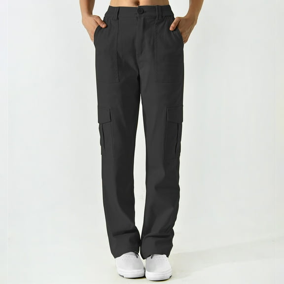 lulshou Cargo Pants for Women Fashion Casual Low Waist Button Work Pants Solid Color Sports Skinny Pants with Pockets