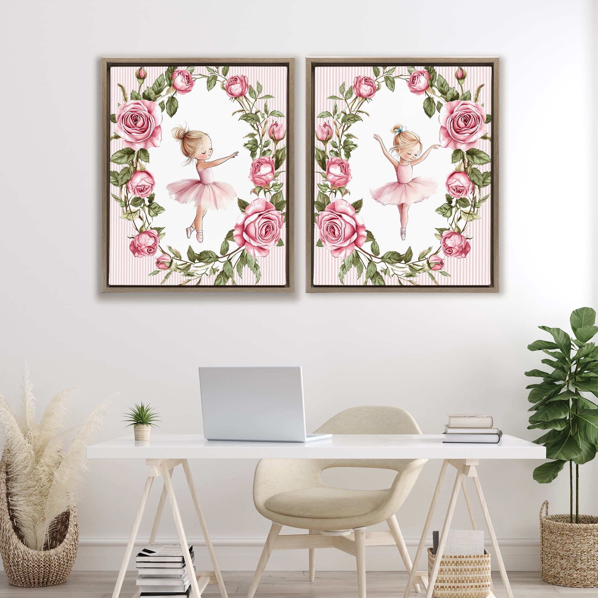 Stupell Industries Little Rose Dancers 2 Piece Brown Framed Floater Canvas Set, design by Christine Simpson Art