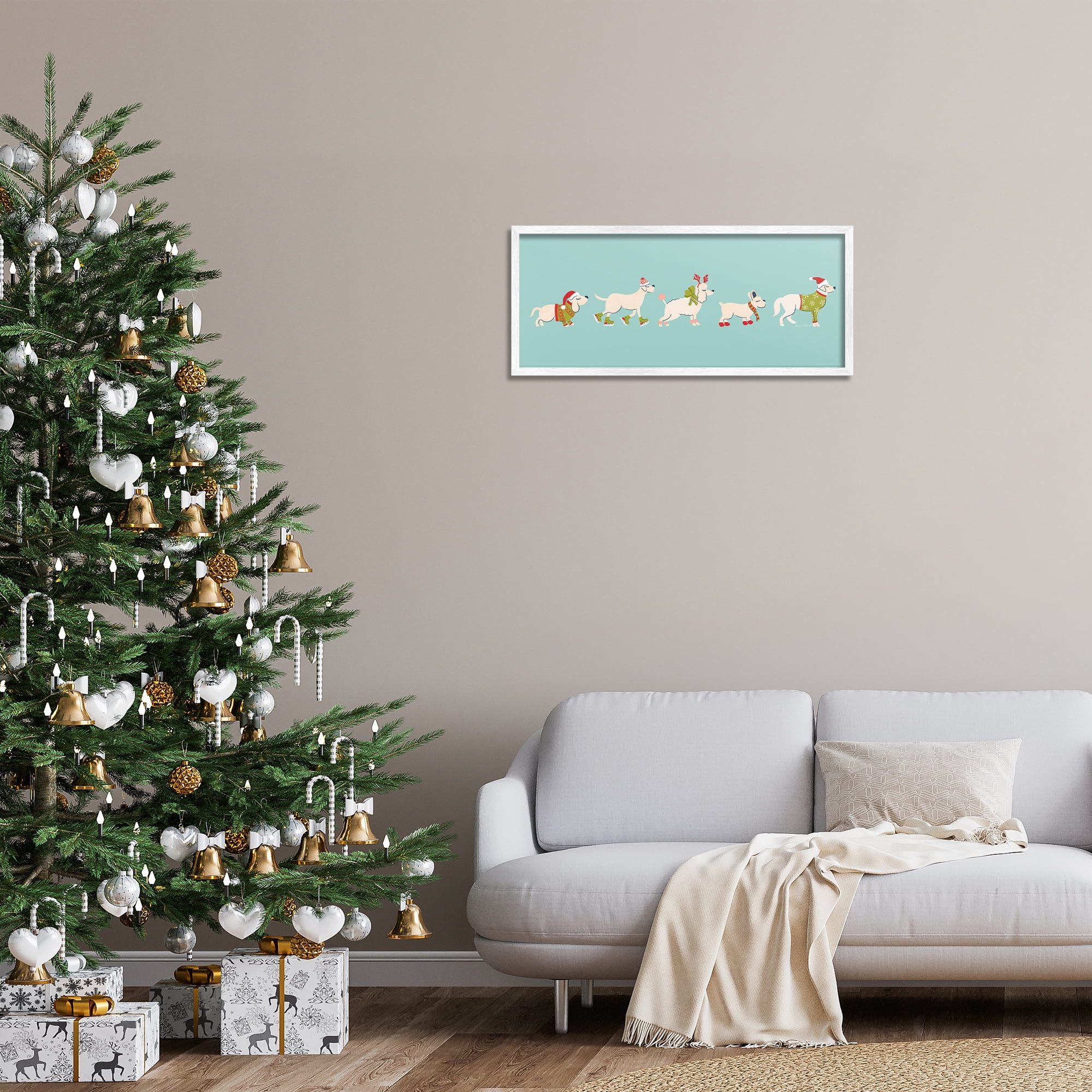 Stupell Industries Festive Dog Breeds Holiday Painting White Framed Art Prints Wall Art, 30 x 13