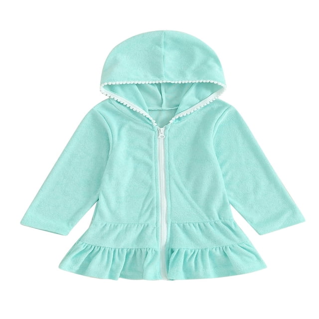 Robe à Capuchon pour Fille, Couleur Unie, à Volants, à Fermeture Éclair, Manches Longues, Robe de Plage