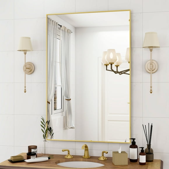 BEAUTYPEAK 30"x40" Bathroom Wall Mirror with Rectangular Metal Frame, Gold