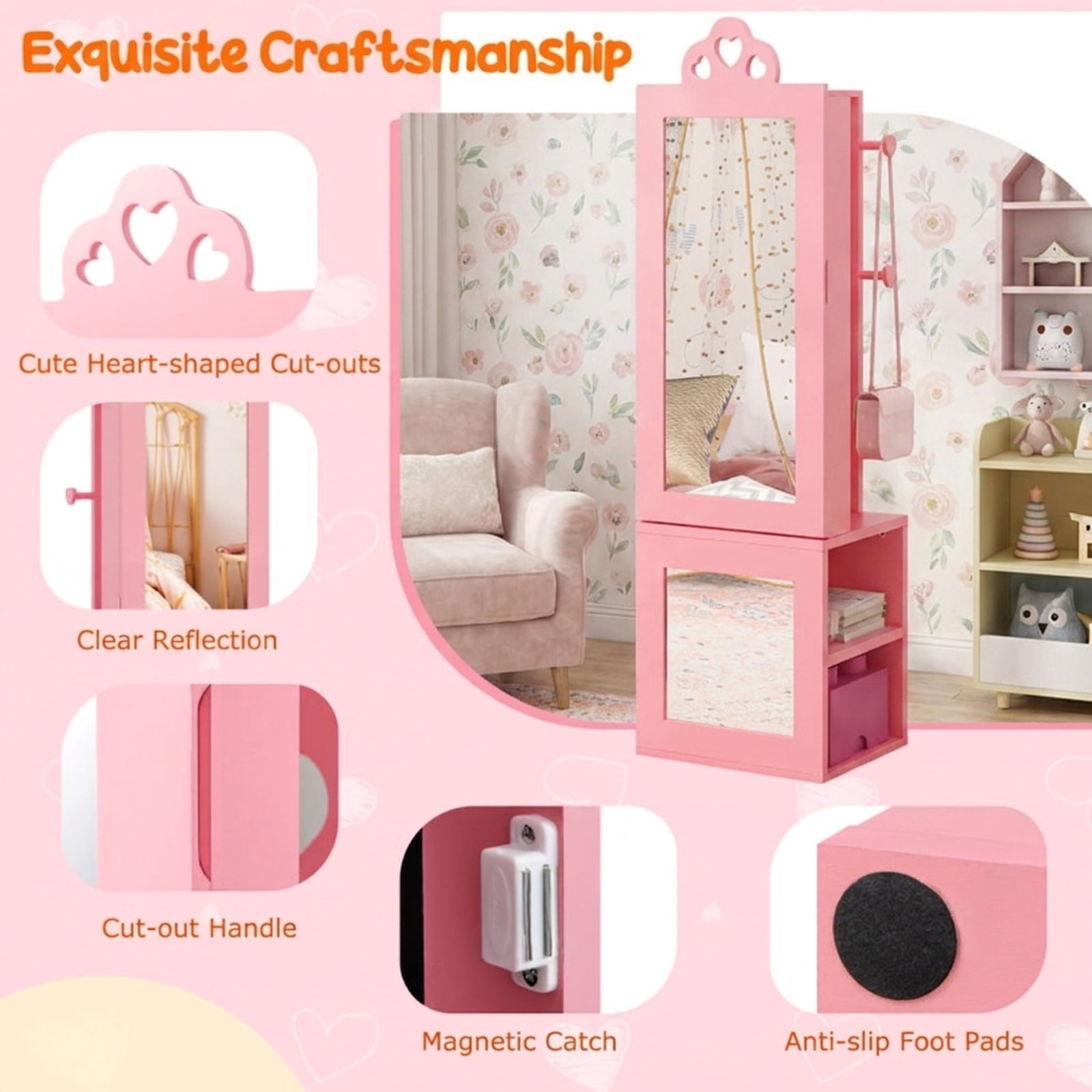 Furnibear Kids Vanity Set Girls Dressing Table and Stool with Full-Length Mirror Jewelry Cabinet Drawer for Bedroom, Pink