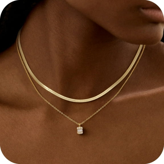 GOSFRY Layered Necklace for Woman 14K Gold Plated Dainty Herringbone Trendy Zirconia Pendant Choker Daily Outfit Jewelry Gift