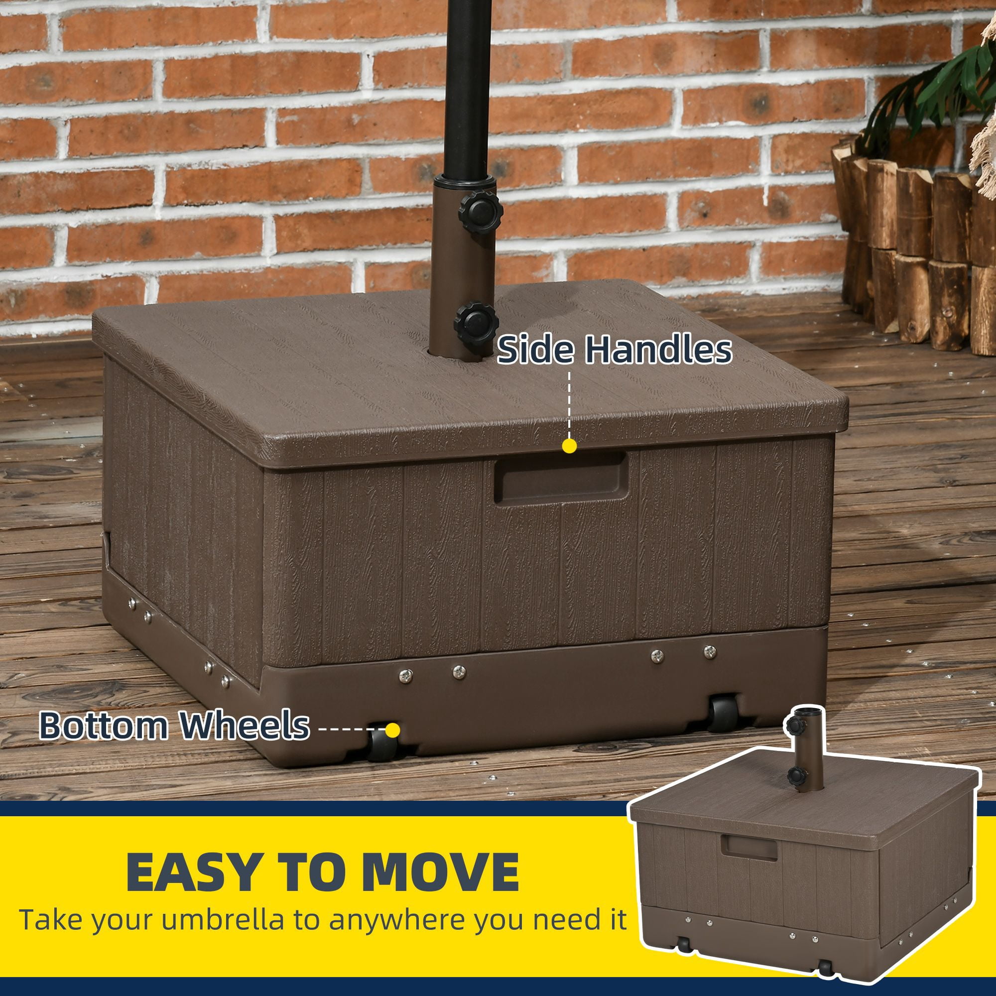 3-in-1 Outdoor Umbrella Base, Coffee End Table, Flower Box Planter, 175lbs Capacity Patio Umbrella Stand Table with Wheels and Handles, Brown