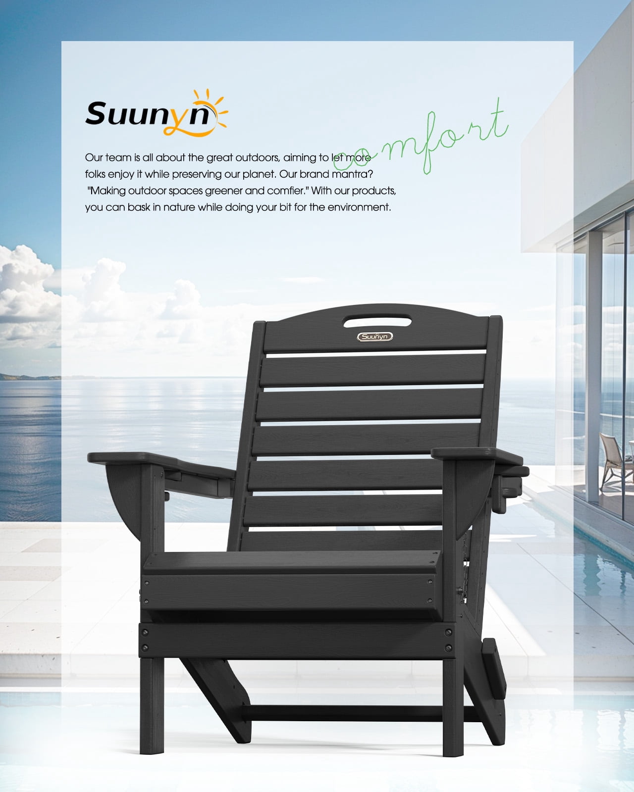 Folding Adirondack Chair Set of 2 Outdoor Fire Pit Chairs HDPE All-Weather with Cup Holder Patio Garden Black