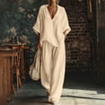 thumbnail image 3 of Cotton Linen Sets for Women 2 Piece Batwing Sleeve V Neck Shirts and Wide Leg Pants Set Casual Outfit,Beige XXL, 3 of 5