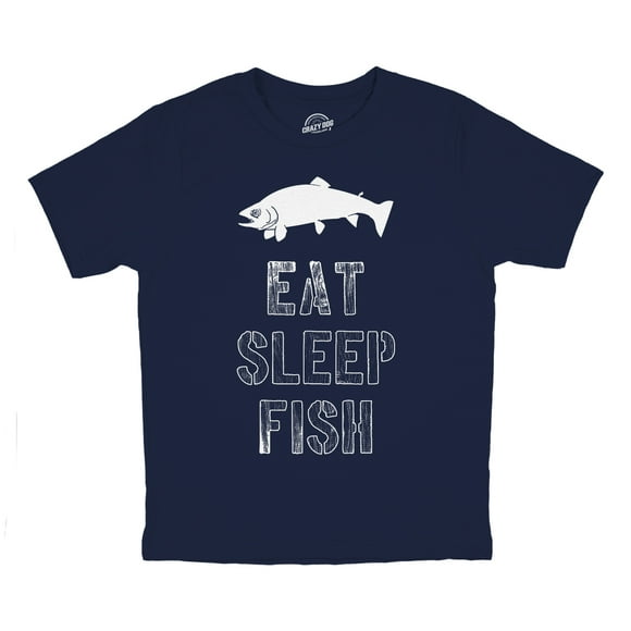 Youth Eat Sleep Fish T Shirt Funny Fishing Tee Cool Graphic Fun Crazy for Kids (Heather Navy) - S