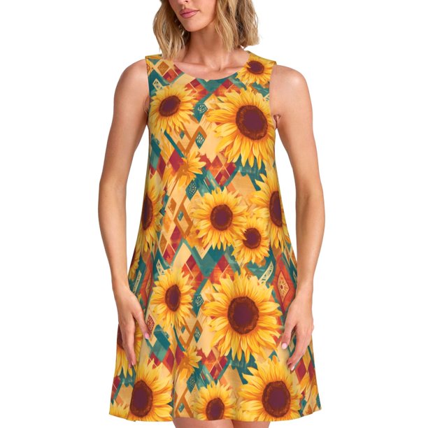 Fotbe Diamond Bohemian Sunflower Vestido de Verano sin Mangas para Mujer – Vestido Midi Línea A, Estilo Camiseta Floral, Vestido Playero Casual y Fluido