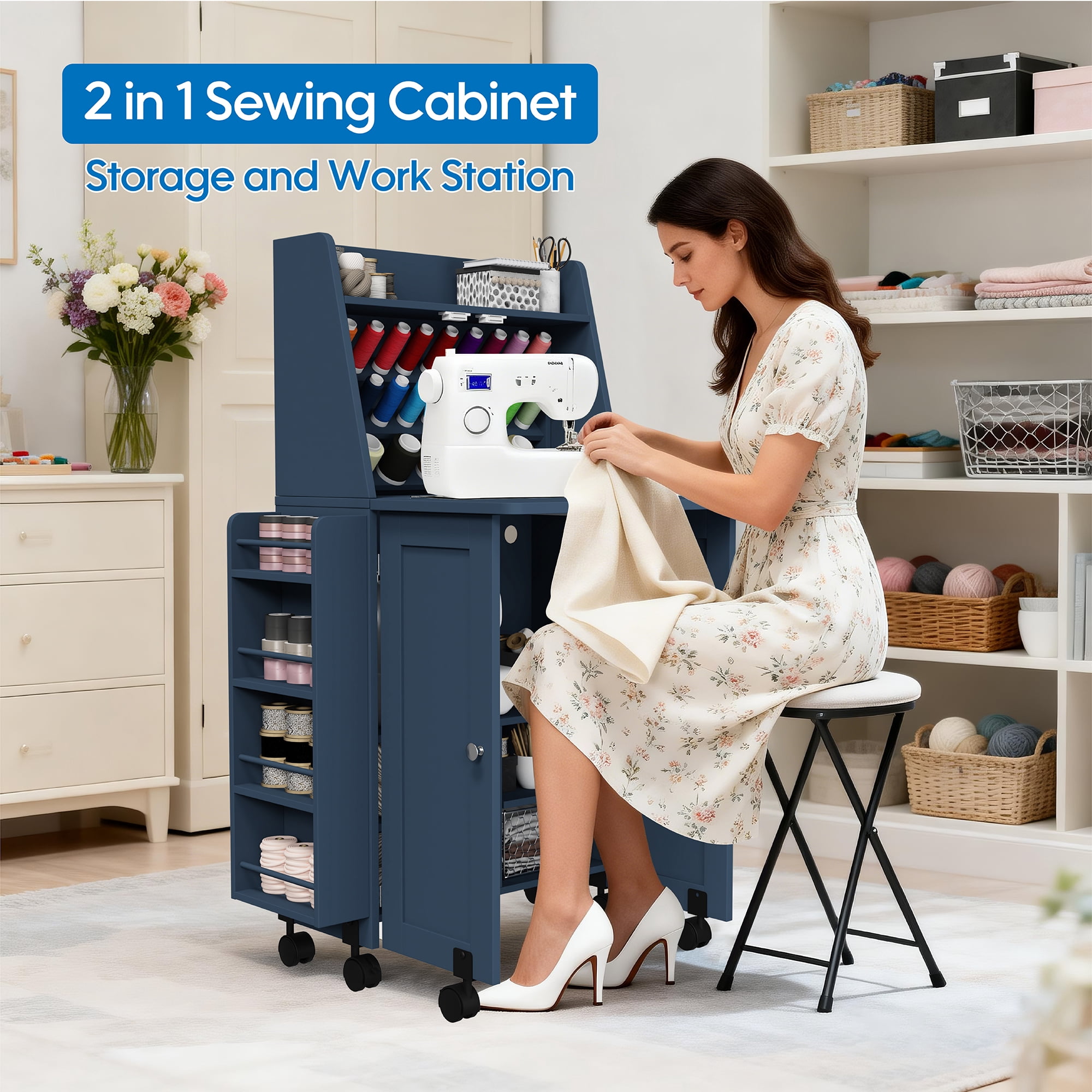 WARAYZ  Sewing Table & Storage Cabinet, Built-in Power Outlets, Spool Racks, Mobile Craft Desk with Lockable Wheels for Small Spaces, Blue