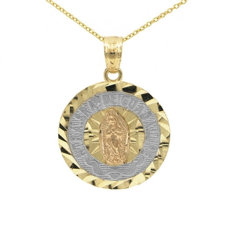 14k tricolor gold round shape diamond cut finish our virgin de guadalupe religious medal necklace (no chain)