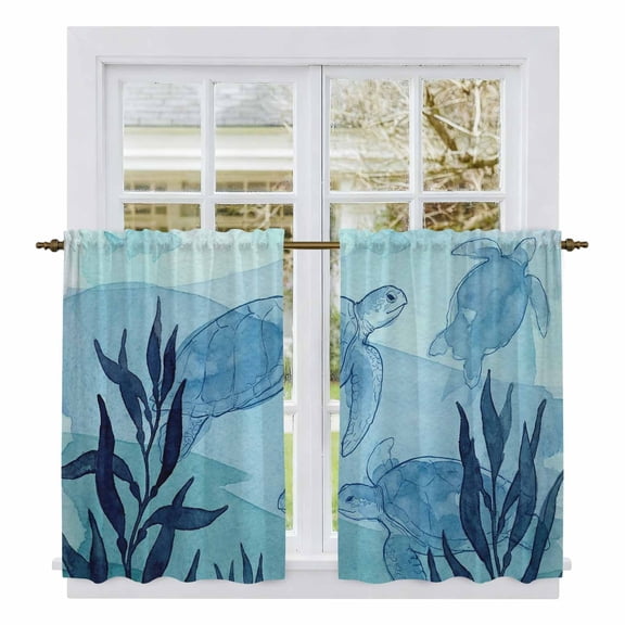 Blue Coastal Kitchen Curtains 54 Inch Length, Beach Sea Turtle Ocean Nautical Botanical Tiers Curtains for Bathroom Bedroom Cafe, Light Filtering Small Window Treatment Drapes 2 Panels 42"Wx54"L