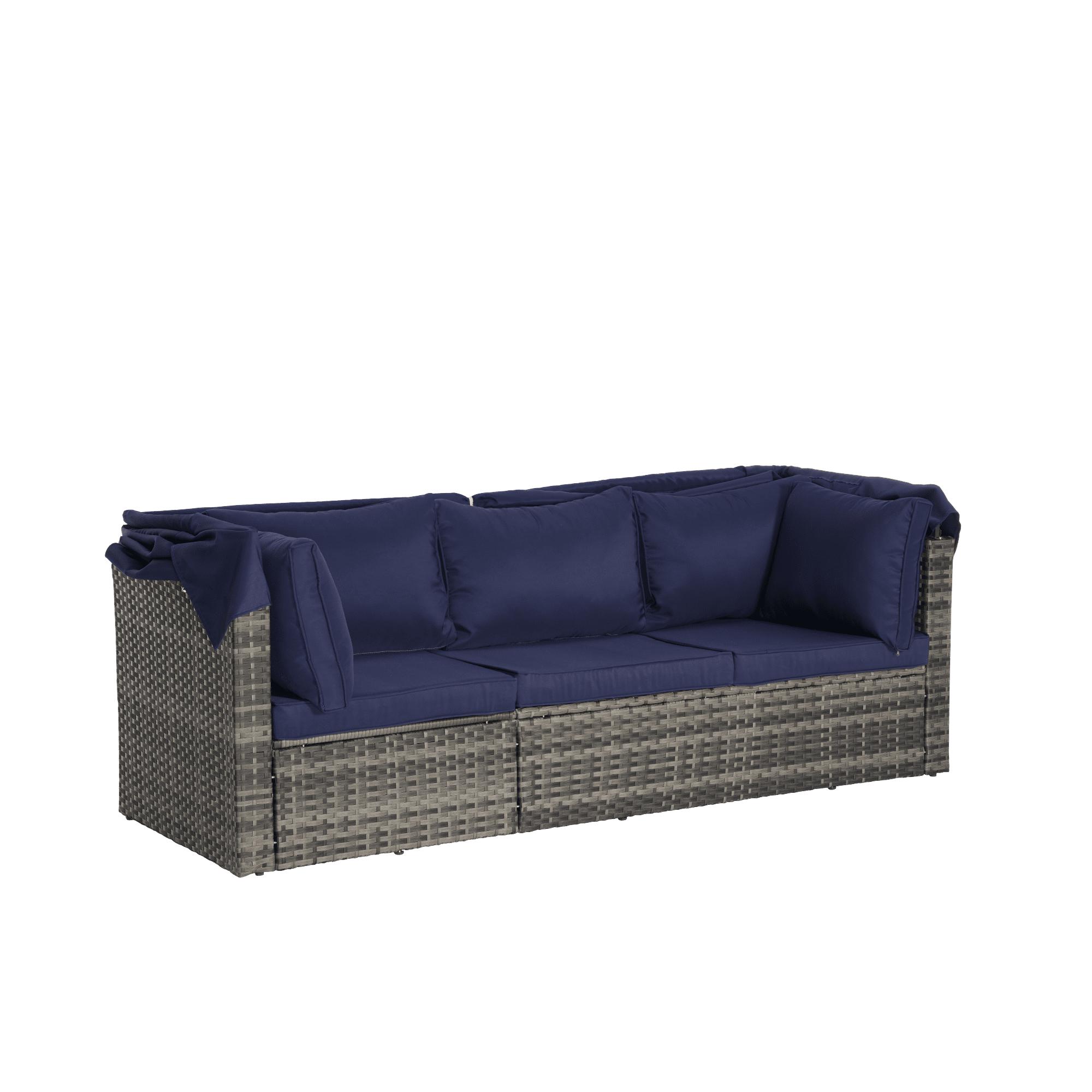 5 Pieces Outdoor Daybed with Retractable Canopy,Patio Wicker Sunbed Furniture Set with Storage Side Table and Sofa Cushions for Backyard, Porch, Garden,Dark Blue