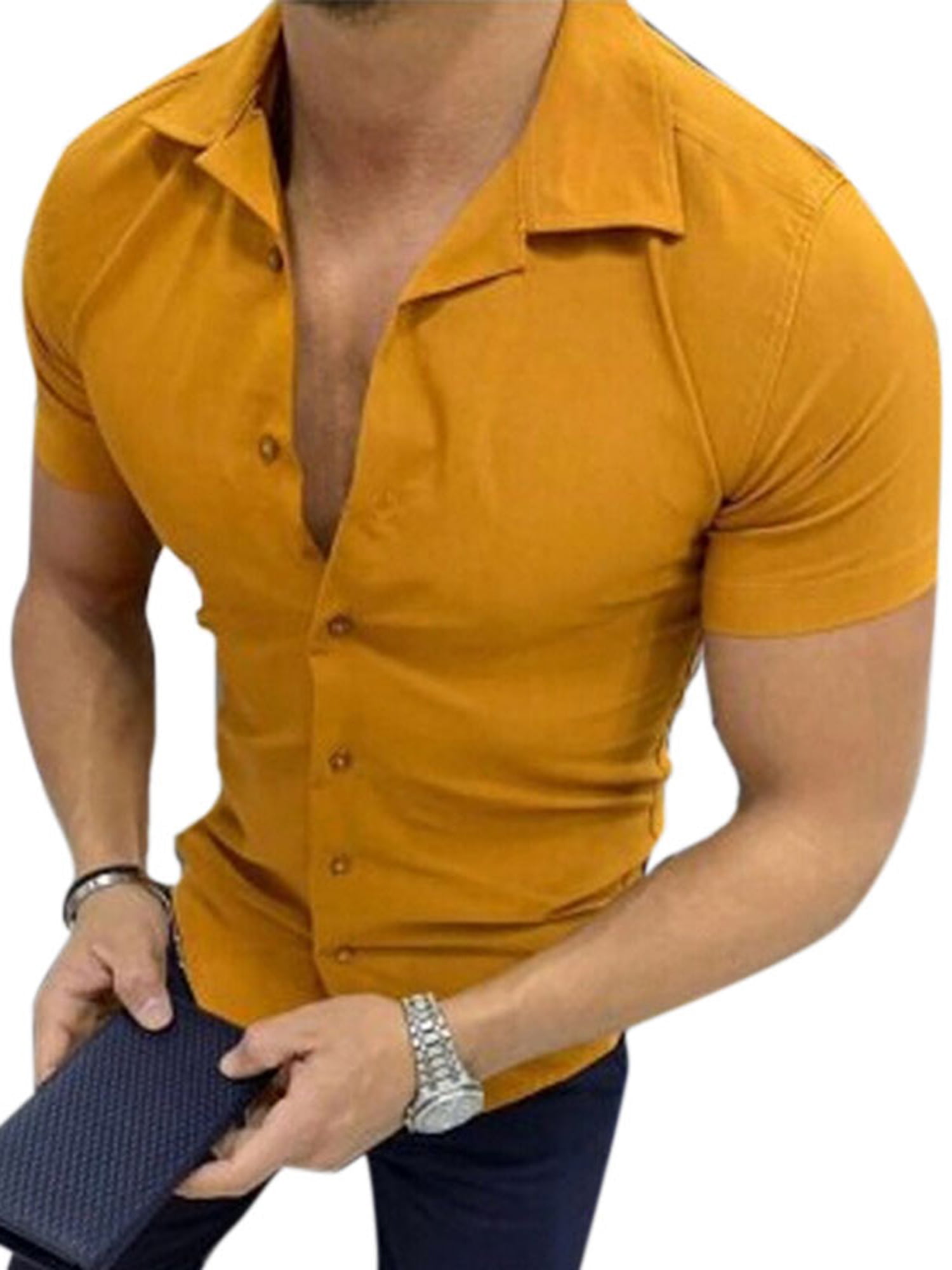 Men Short Sleeve Button Down T-shirt Tops Slim Fit Casual Dress Stylish Shirts