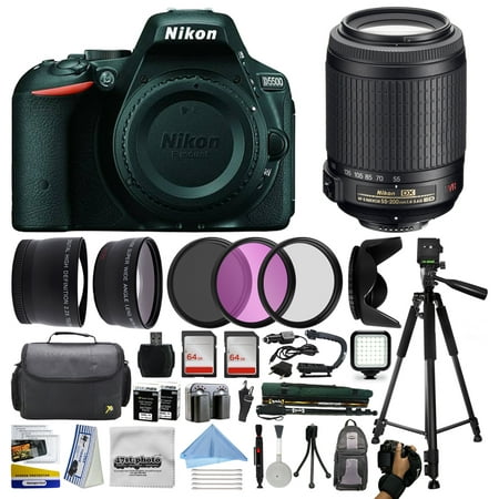 Nikon D5500 DSLR Digital Camera (Body Only) + 55-200 VR Lens + 128GB Memory + (2) Batteries + Charger + Video Light + Monopod + Backpack + Case + 3 Filters + Action Handle + Tripod + Wrist Strap