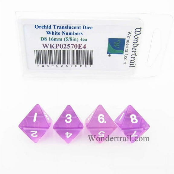 Orchid Transparent Dice with White Numbers D8 16mm (5/8in) Pack of 4 Wondertrail
