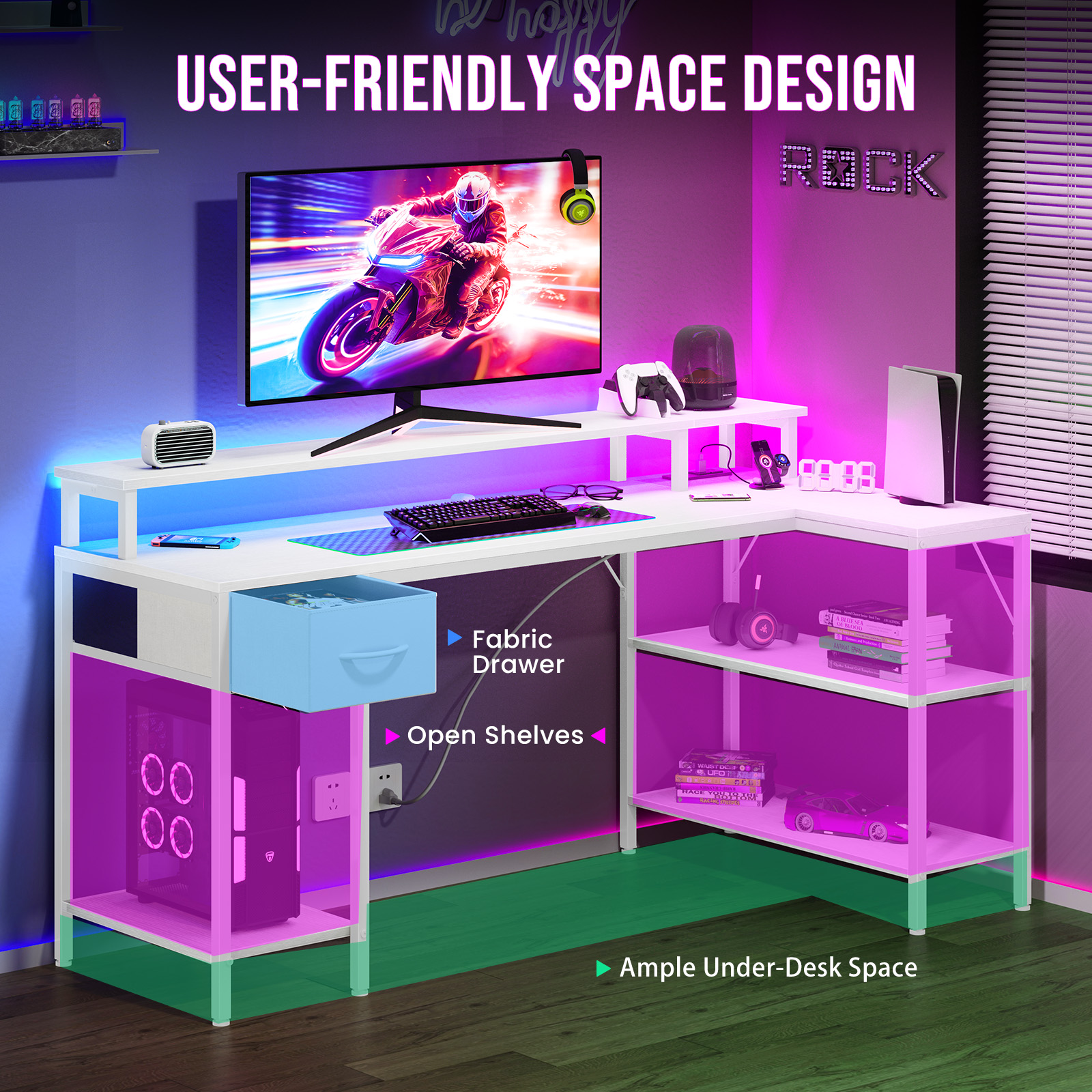 Sweetcrispy 47" L Shaped Computer Gaming Desk with USB Charging Ports & LED Lights, Reversible Corner Table with Power Outlets Monitor Stand for Home Office, White