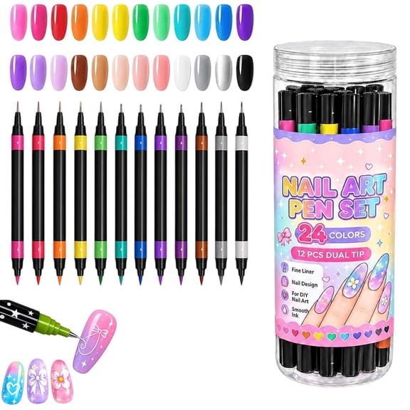 24 Colors Dual Ended Nail Art Pens Set, Quick-drying Nail Art Pens for Painting Nails, DIY Nail Art Markers