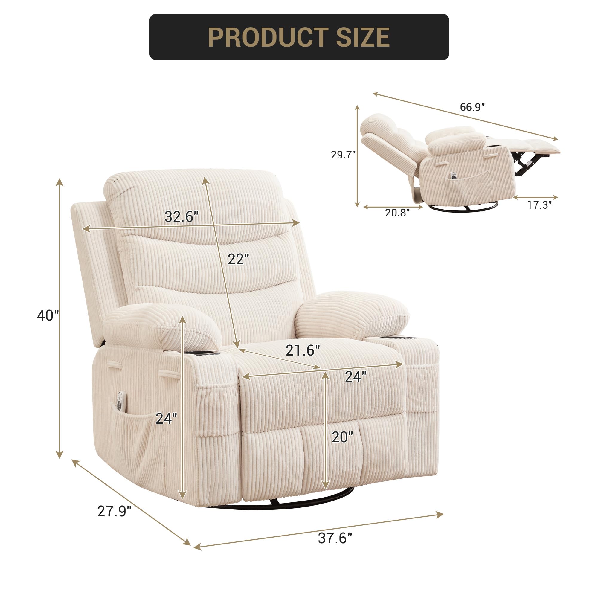 Recliner Chair Nursery, Oversized Manual Reclining Rocking Chair, 360 Swivel Glider with Cup Holder, Massage and Heat Recliner, Indoor Small Single Sofa Chairs for Adults RV Bedroom, Beige/Grey/Brown
