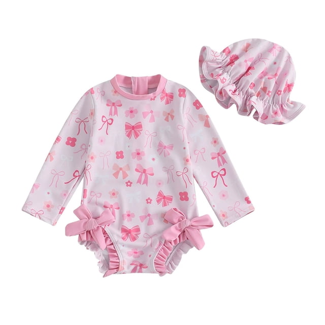 MIASHUI Girls One Piece Rash Guard Swimsuit Long Sleeve Bathing Suit with Hat,Pink,3-6 Months