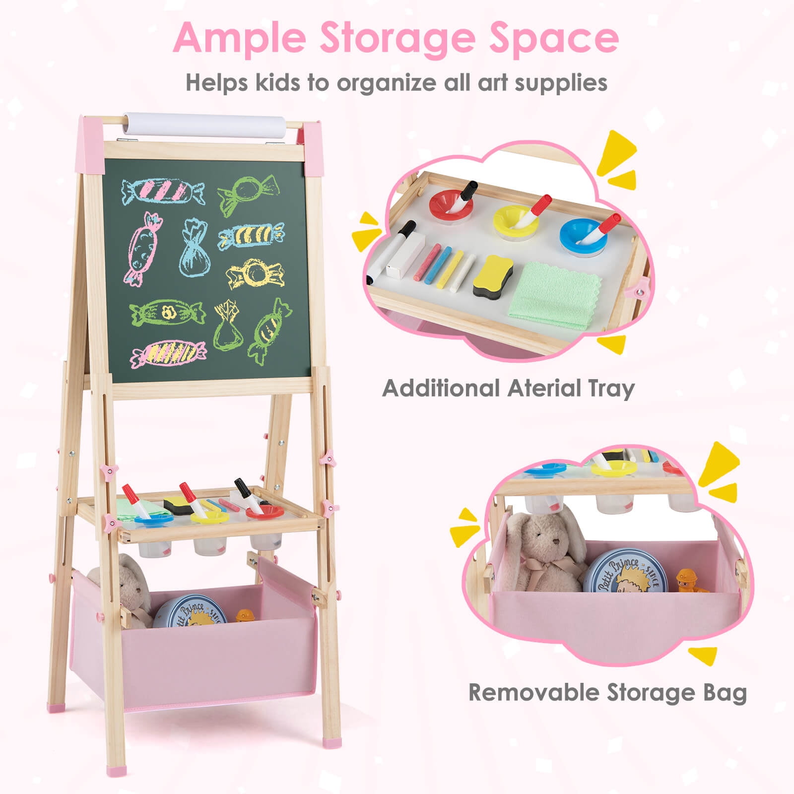 Costway 3-in-1 Kids Art Easel Double-Sided Wooden Adjustable Magnetic Drawing Board Pink