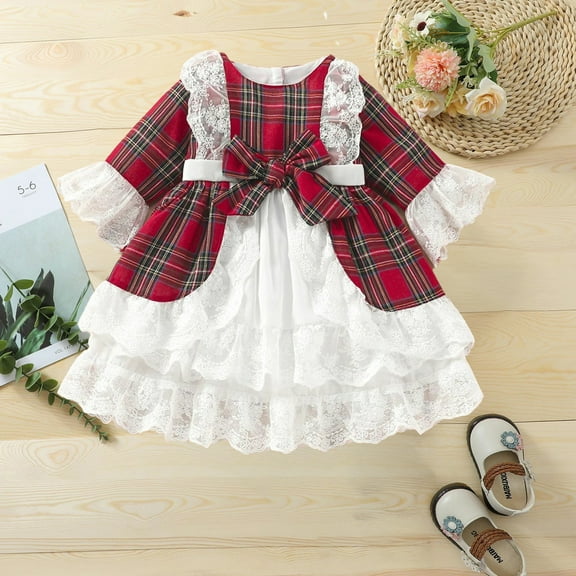 DecSea Toddler Baby Girl Christmas Dress Santa Claus Red Velvet Dress Long Sleeve Plaid Lace Side Princess Dresses