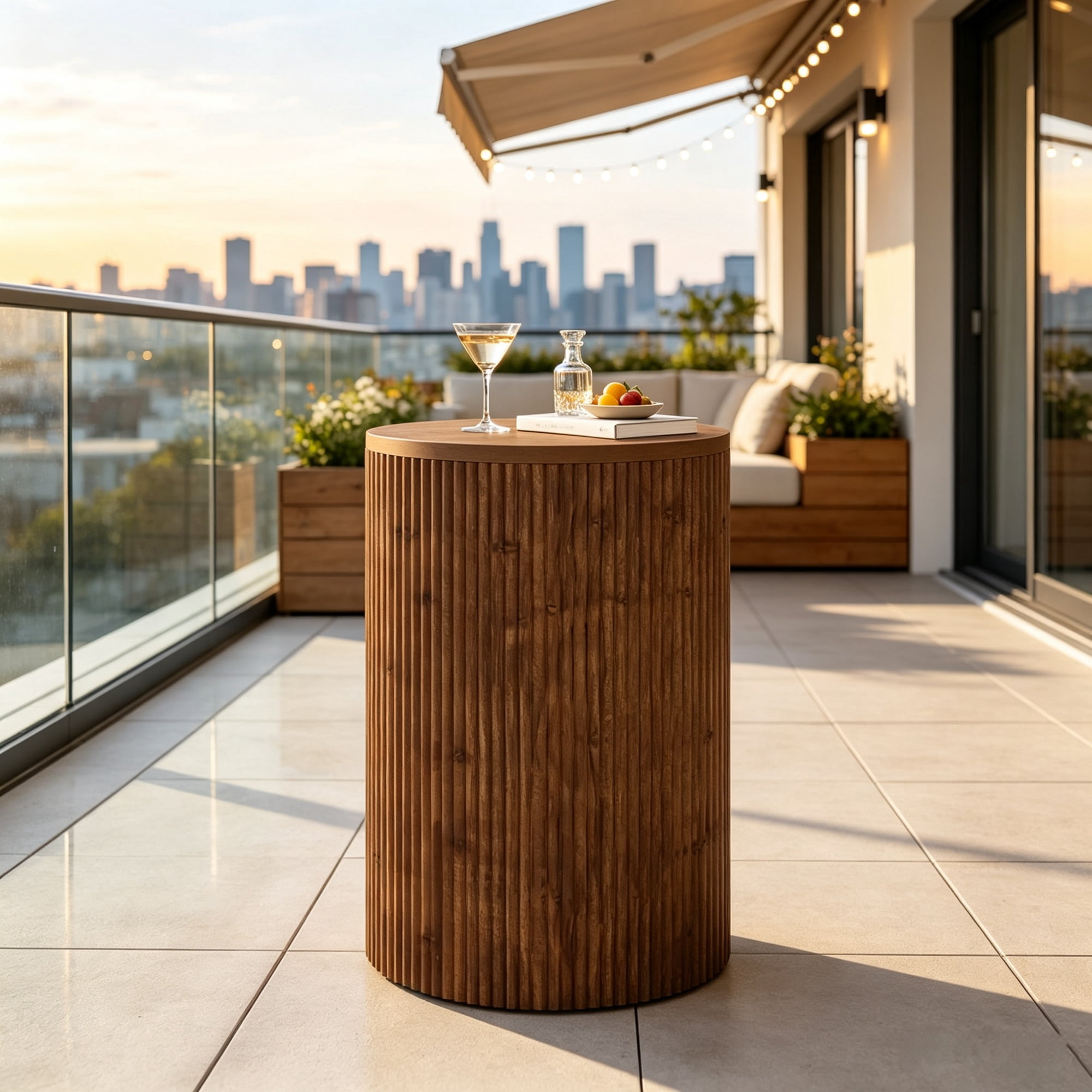 Wooden Round Side Table with Storage & 4 Wheels, No-Assembly Fluted End Table