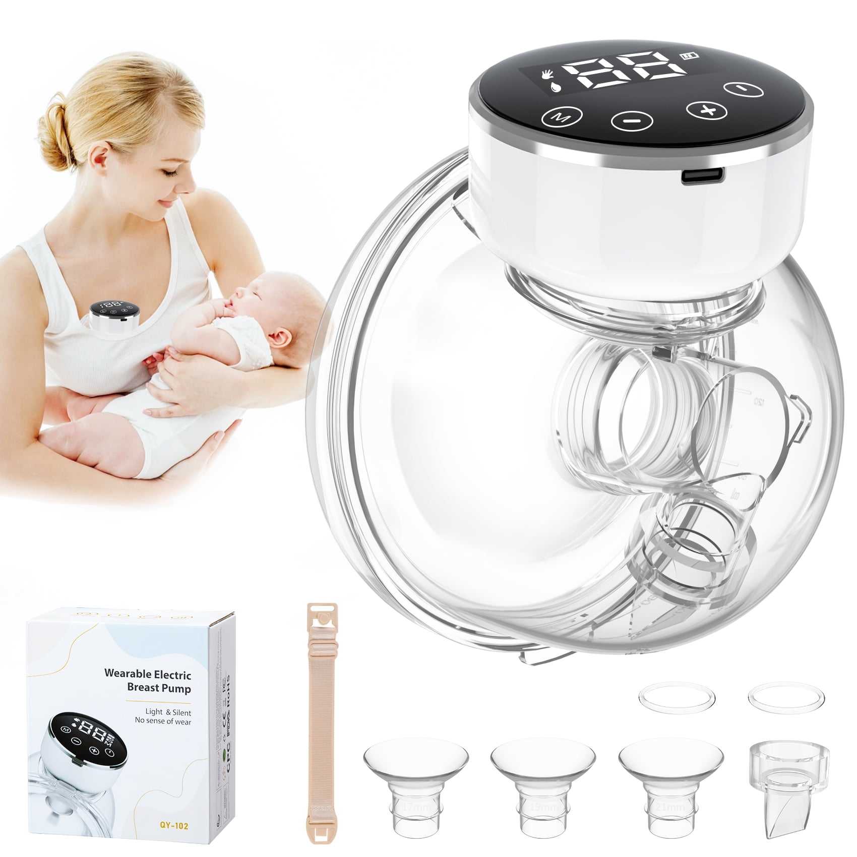URMYWO USB Wearable Breast Pump and Portable Electric Breast Pump with 3 Modes 9 Levels LCD Display Wireless Breast Pump with Massage Mode17/ 19/ 21/ 24mm Flanges