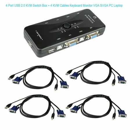 CableVantage USB 4 Port Monitor VGA SVGA KVM Switch Box   4 Cables for PC Keyboard Mouse Kit
