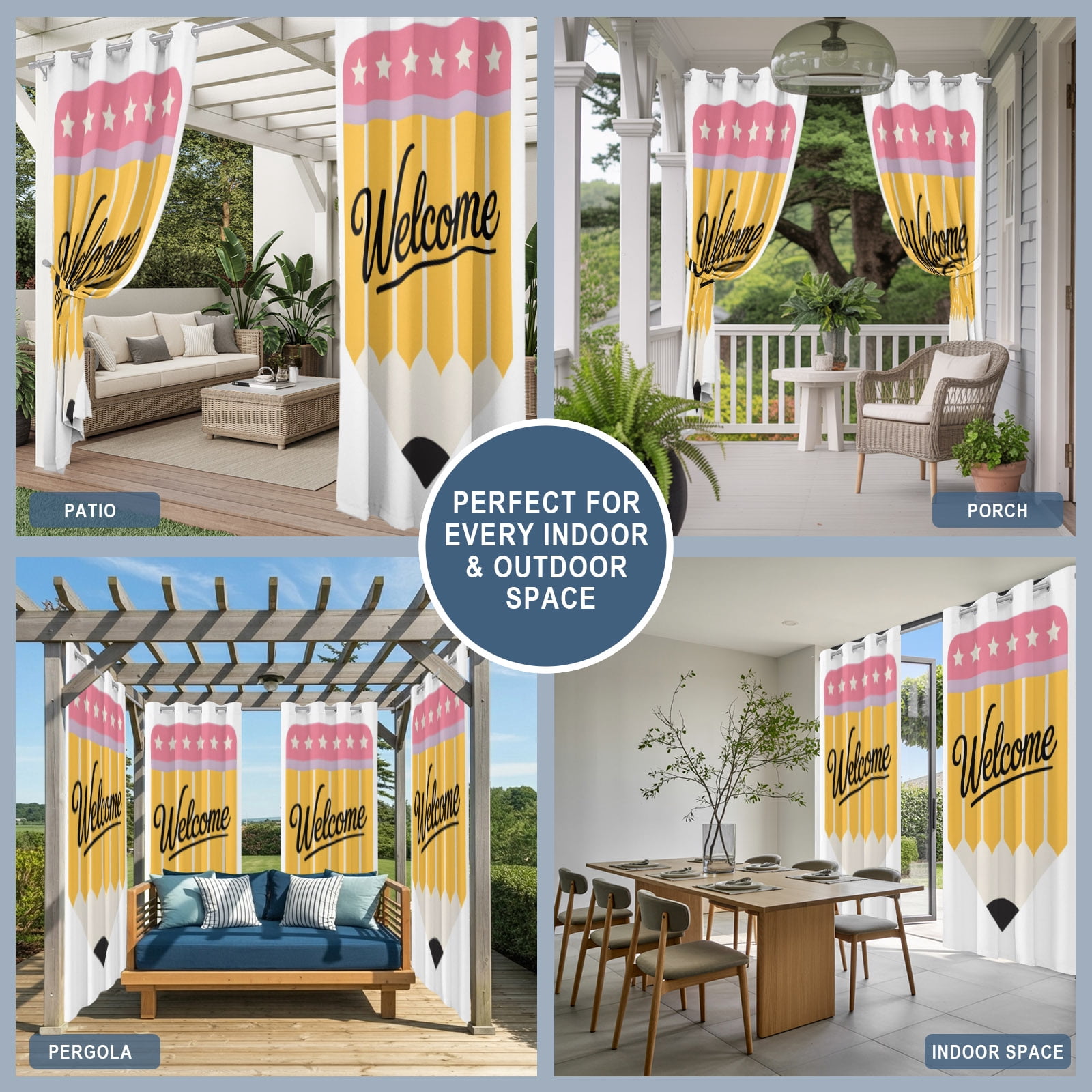 Yellow Pencil Outdoor Curtains for Patio, Welcome Back to School Academic Simple Sunshade Privacy Drapes Grommet Waterproof Outside Curtains for Porch/Cabana/Balcony 54"x 108", 1 Panel