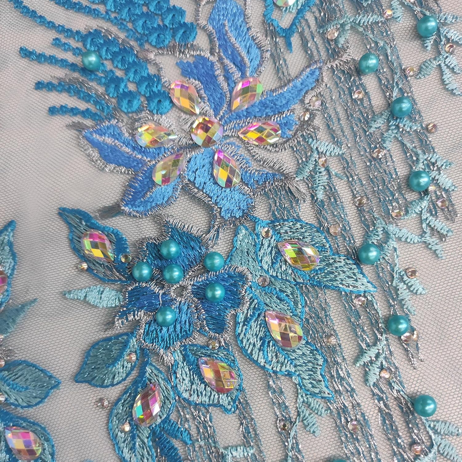 Handmade Rhinestone Applique, 3D Lace Applique Beaded Embroidered Trim, Rhinestone Fabric Patches for DIY Neckline Bodice Wedding Bridal Prom Clothes Dresses, 22.5x11.8inch (Royal Blue)