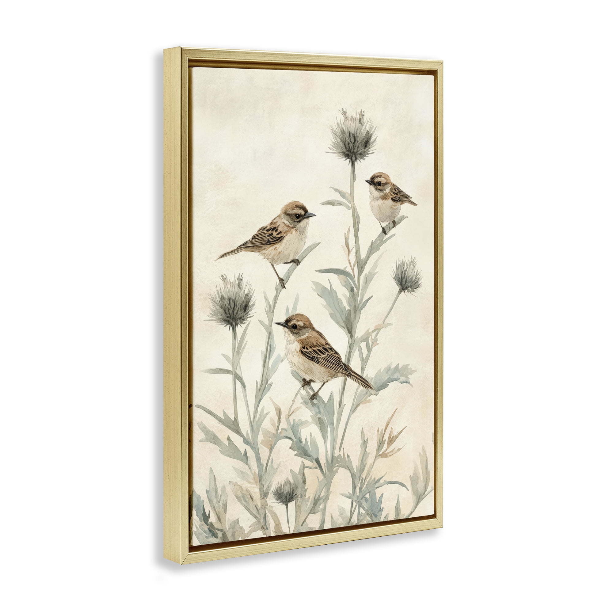 Stupell Industries Sparrows on Thistle Stems Gold Framed Floater Canvas Wall Art, design by Petal Prints Design