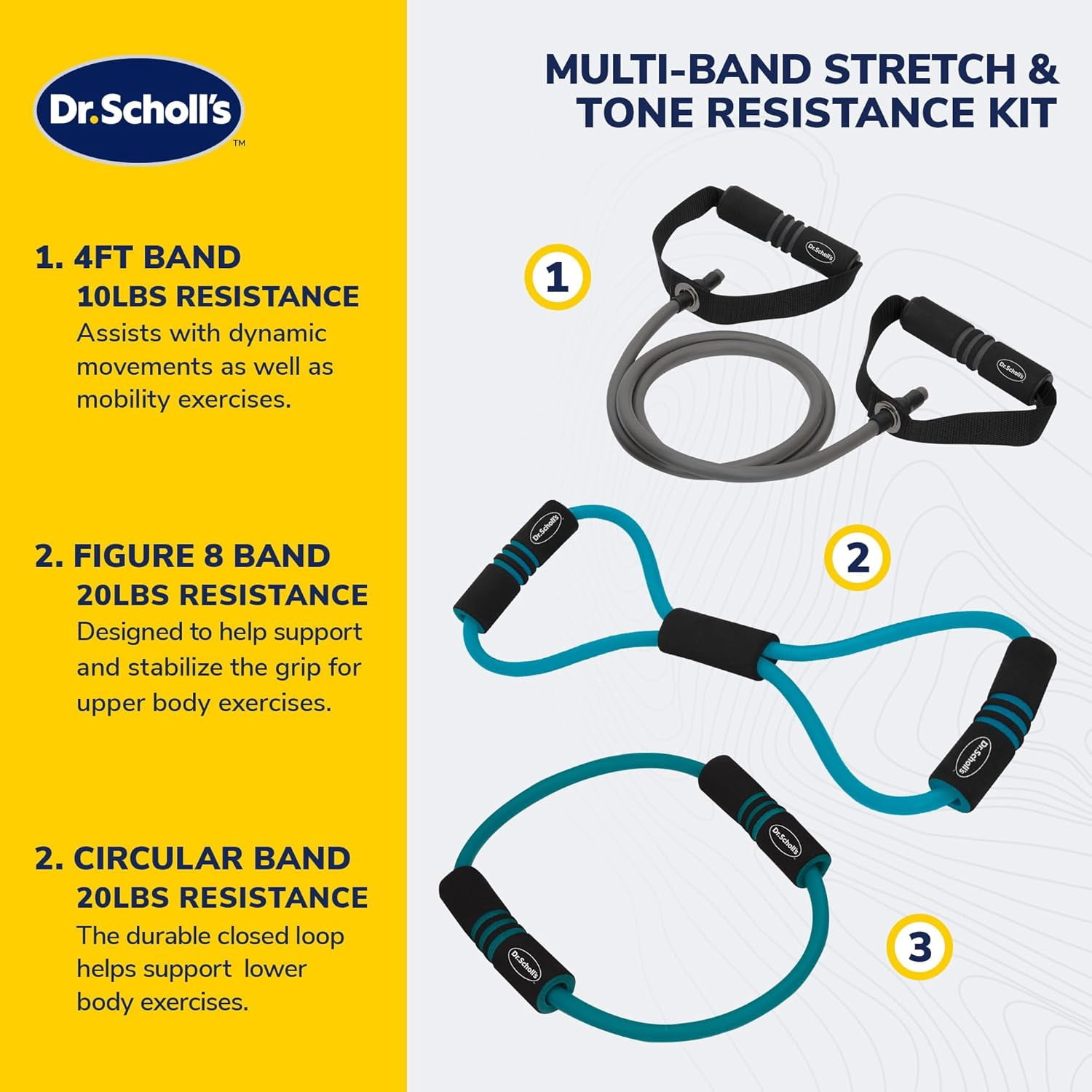 Dr. Scholl's 3-Piece Stretch & Tone Resistance Kit (10lb & 20lb Bands) - Balance, Rehabilitation, Fitness