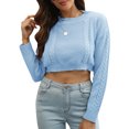 thumbnail image 1 of Camiseta mujer, Suéter corto para mujer Cuello en O Manga larga Cable Suéteres casuales Abanopi Aqua/Pequeña, 1 of 7