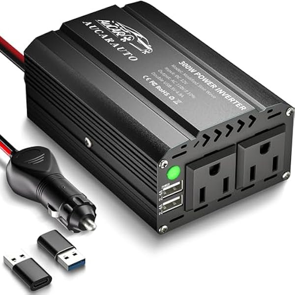 HAYAN 300W Power Inverter for Vehicles DC 12V to 110V AC Car Plug Adapter Outlet Converter with 4.8A Dual USB & USB-C Car Charger Adapter for Laptop - Black