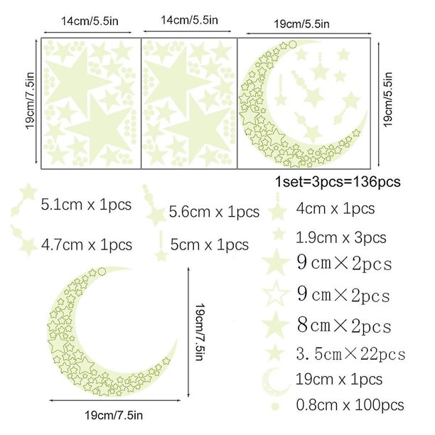 Calcomanías de pared autoadhesivas extraíbles 3d de estrellas que brillan en la oscuridad para techo, pegatinas de pared de Luna para habitación Diy