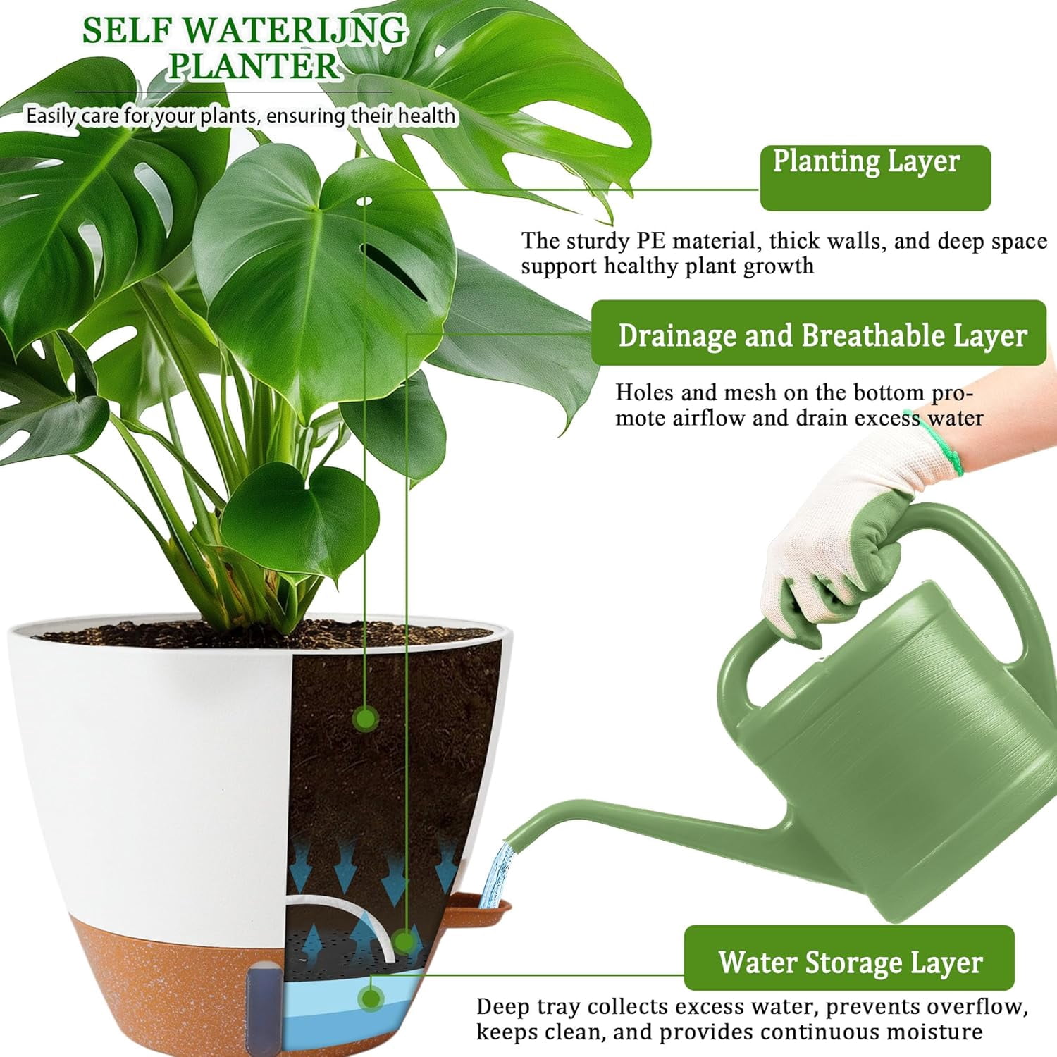 Self watering flower pot, suitable for indoor/outdoor plants with drainage holes and modern decorative flower pots. Different colors and specifications to choose from