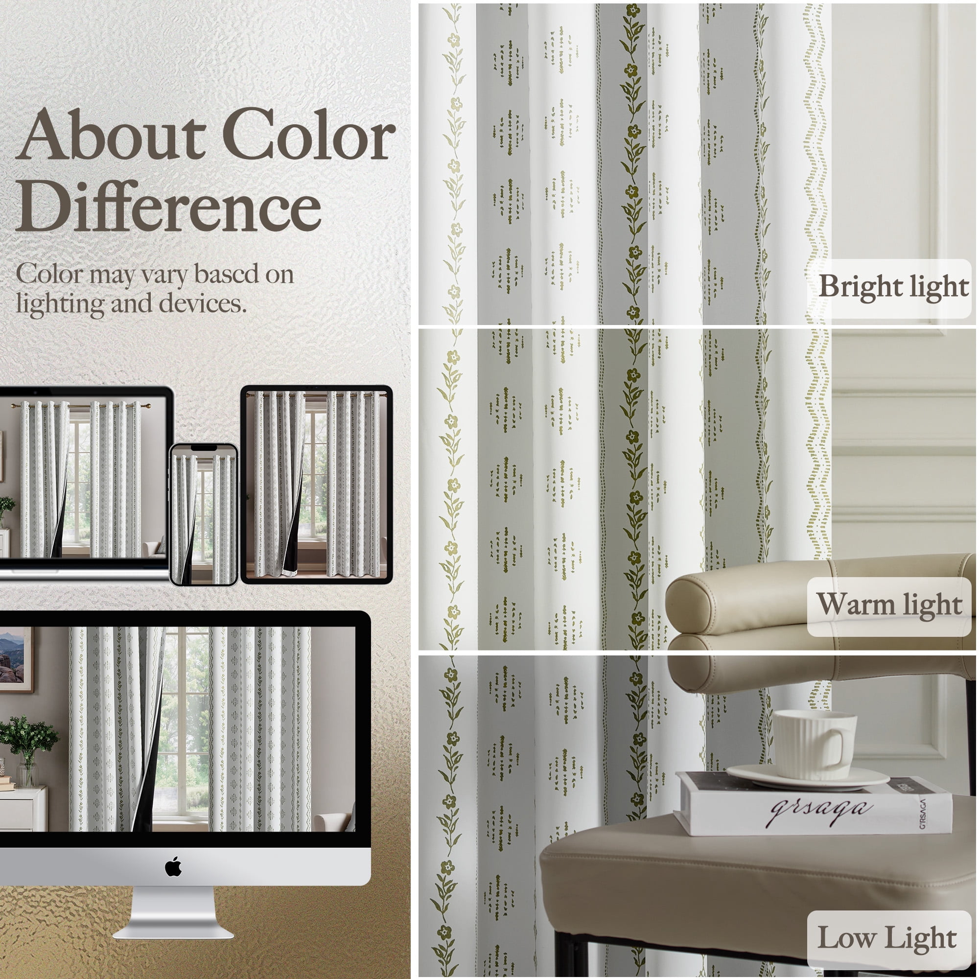 NICETOWN 100% Blackout Boho Curtain for Bedroom Light Blocking Sounds Reducing Printed Floral Drapes, W52 x L84, Sage Green on White, 2 Panels