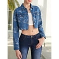thumbnail image 4 of Women'S Cropped Butterfly Printed Denim Jacket Button Down Long Sleeve Fitted Crop Top Jean Coat Blue S, 4 of 9