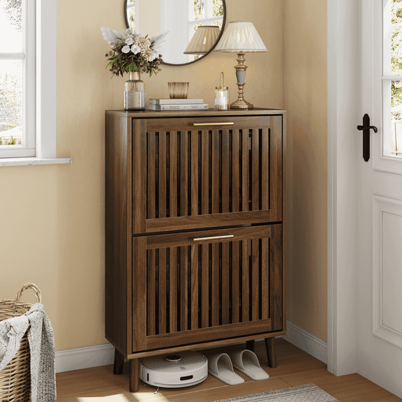 Smart FENDEE Shoe Storage Cabinet with 2 Flip Drawers, Freestanding Shoe Organizer, Entryway,Walnut