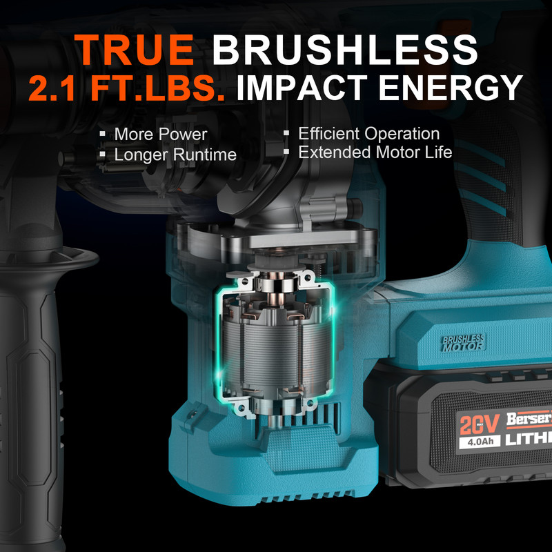 Berserker 20V Cordless SDS-Plus Rotary Hammer - Brushless Motor, 4.0Ah Battery & 3.0A Fast Charger, 4 versatile modes for all your home DIY needs